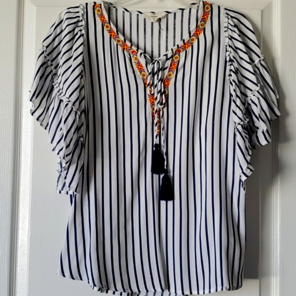 Entro Blue White Stripe Flutter Sleeve Tassel Tie Boho Blouse Top Size S/M